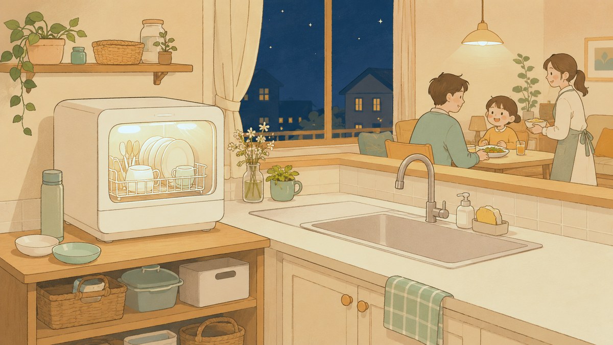 夜のキッチンに置かれた据え置き食洗機のイラスト